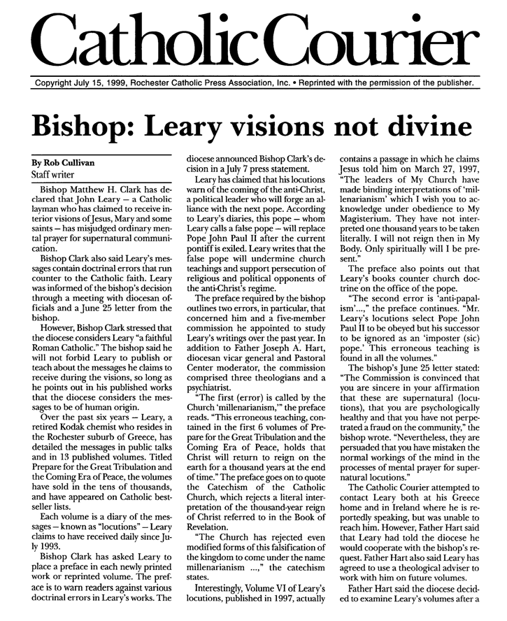 Catholic Courier Article: Leary's Visions not Divine